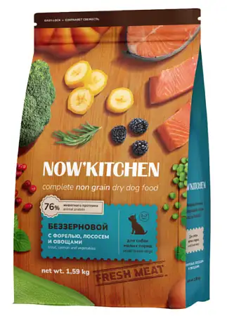 Купить now’ kitchen grain free сухой беззерновой корм для взрослых собак малых пород с форелью, лососем и овощами