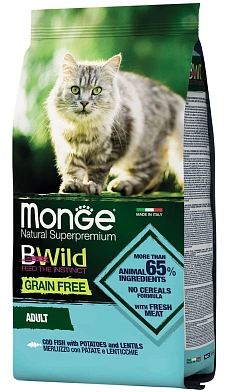 Monge Cat BWild Grain Free сухой беззерновой корм для взрослых кошек с треской