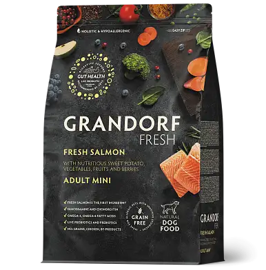 Grandorf FRESH сухой беззерновой корм для взрослых собак мелких пород с живыми пробиотиками, лосось с бататом